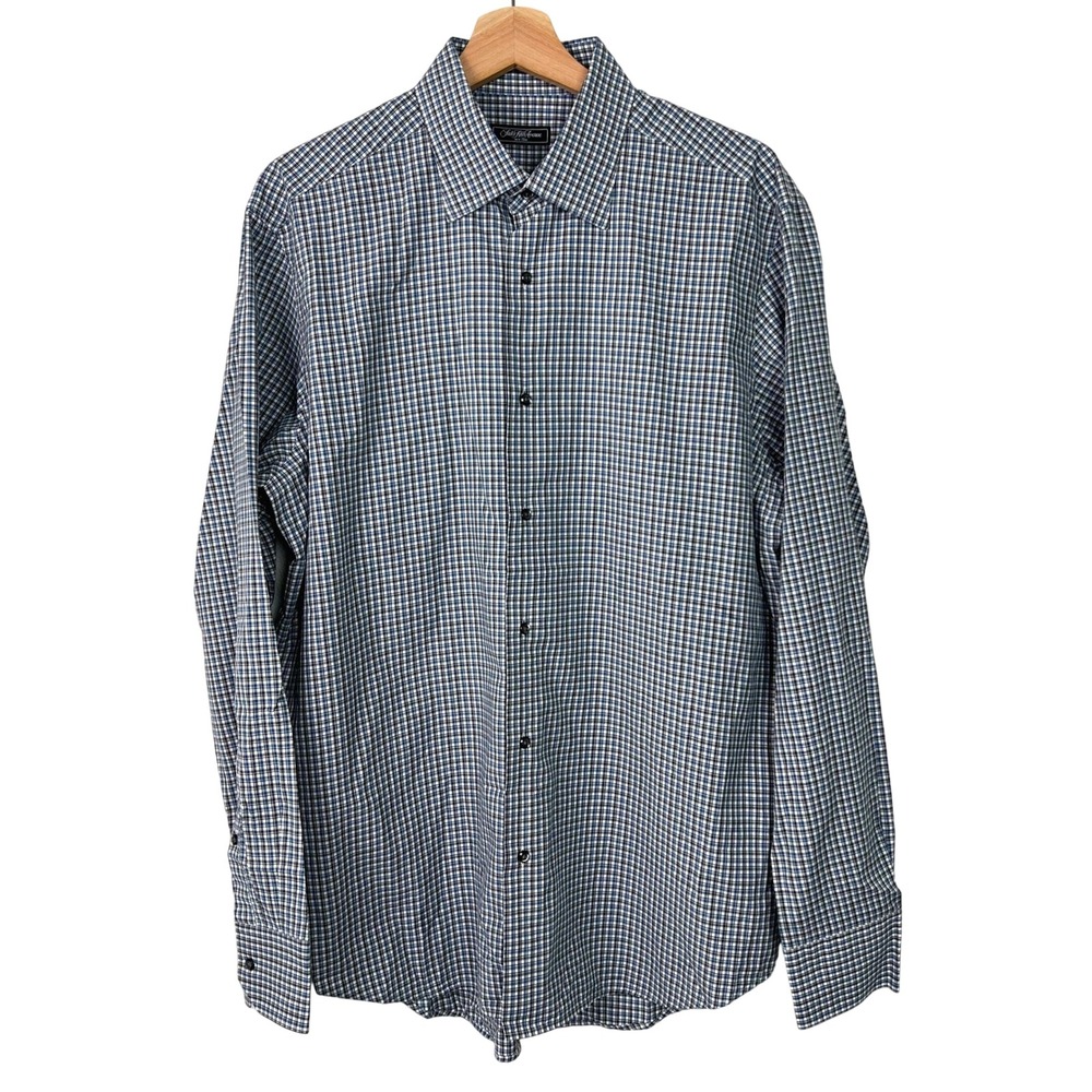 Saks Fifth Avenue Mens‎ Blue Gray Micro Check Cotton Button Down Shirt Large